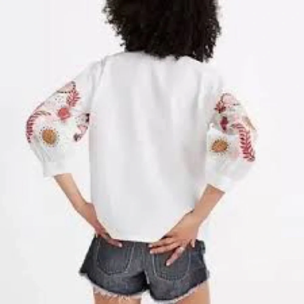 Madewell Blouse White Colorful Embroidered Popover Sleeve Hippie 70’s Vibes Sz M - Picture 2 of 15